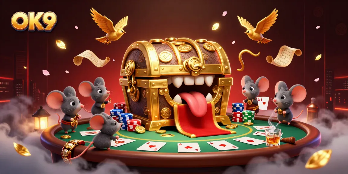 Engage with OK9's vibrant 3D treasure chest illustration, showcasing exciting casino game elements.
