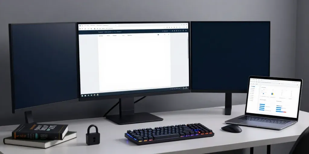 web application vulnerability assessment report on a developer's curved monitor, highlighting cybersecurity practices