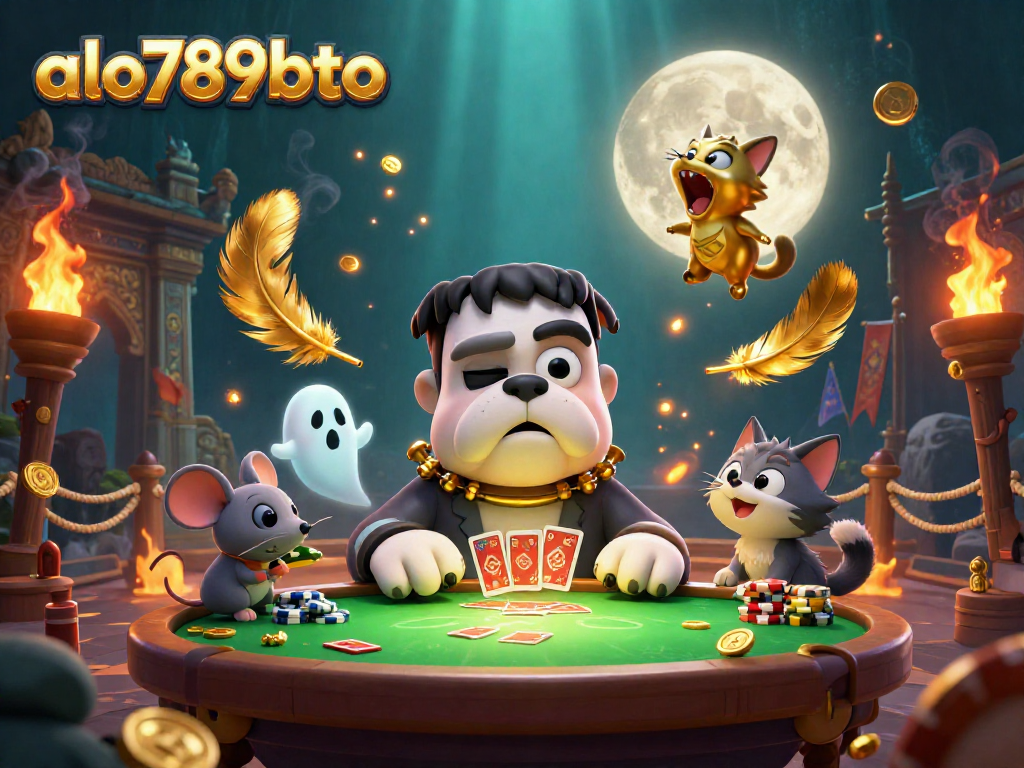 Engage in thrilling card games at alo789bto with lively characters like a Frankenstein bulldog.