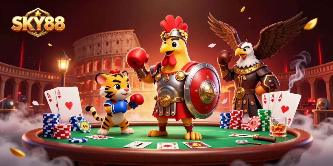 Join the action at SKY88 with a 3D gladiator rooster in a vibrant casino scene filled with poker elements.