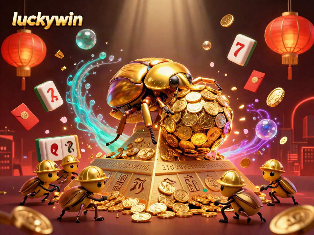 Experience luckywin's excitement with golden beetles and thrilling casino symbols in a vibrant scene.