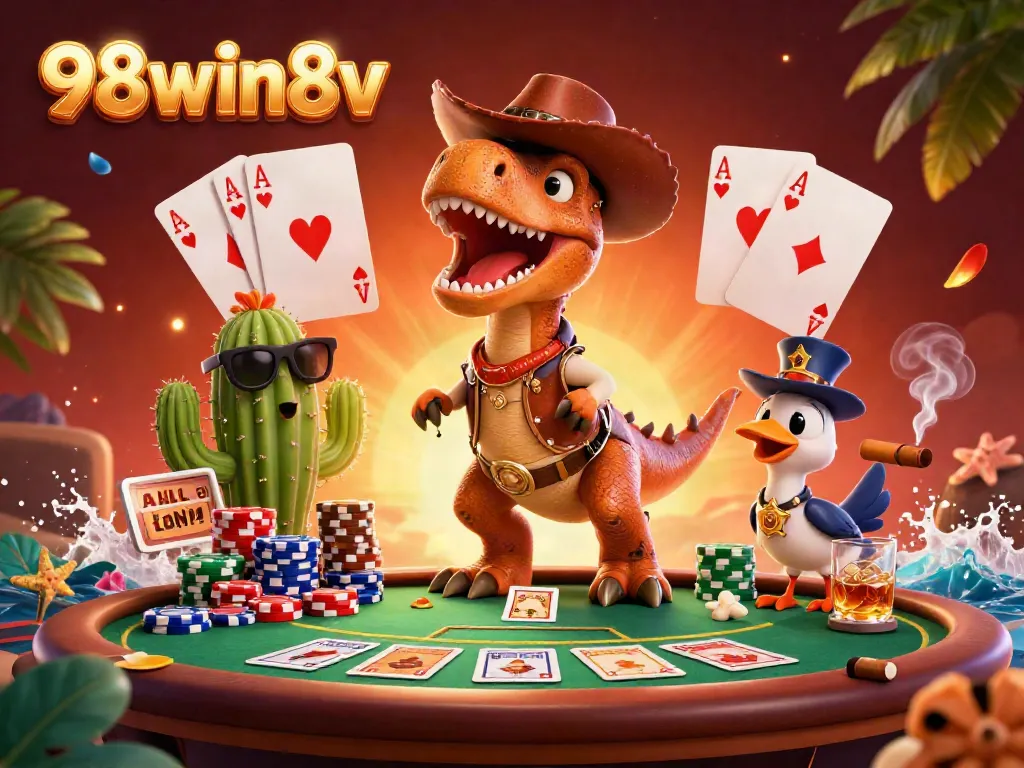 Experience thrilling poker action with 98win8v and vibrant cartoon characters in a dynamic casino scene.