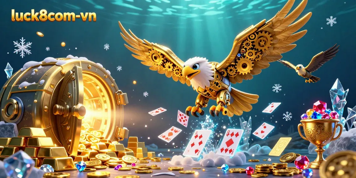 Experience the excitement of luck8com-vn with the golden eagle soaring through a vibrant casino world.