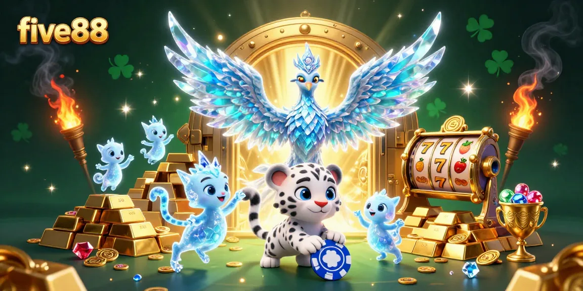 Experience five88’s adventure as a snow leopard cub plays with a poker chip amidst gold treasures and festive sprites.