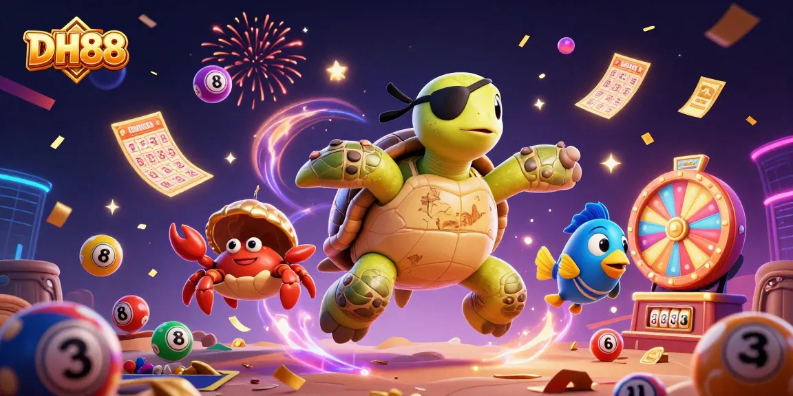 Experience the excitement of winnings at DH88, featuring vibrant lottery elements and our charming pirate turtle.
