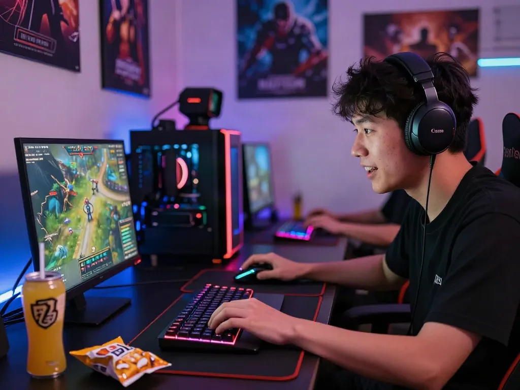 Player engaging in competitive gaming with ORION88 at a stylish setup surrounded by LED lights.