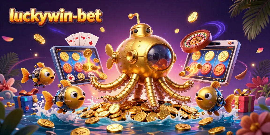 Win exciting rewards at luckywin-bet with an illustrated scene featuring a kraken submarine and games.