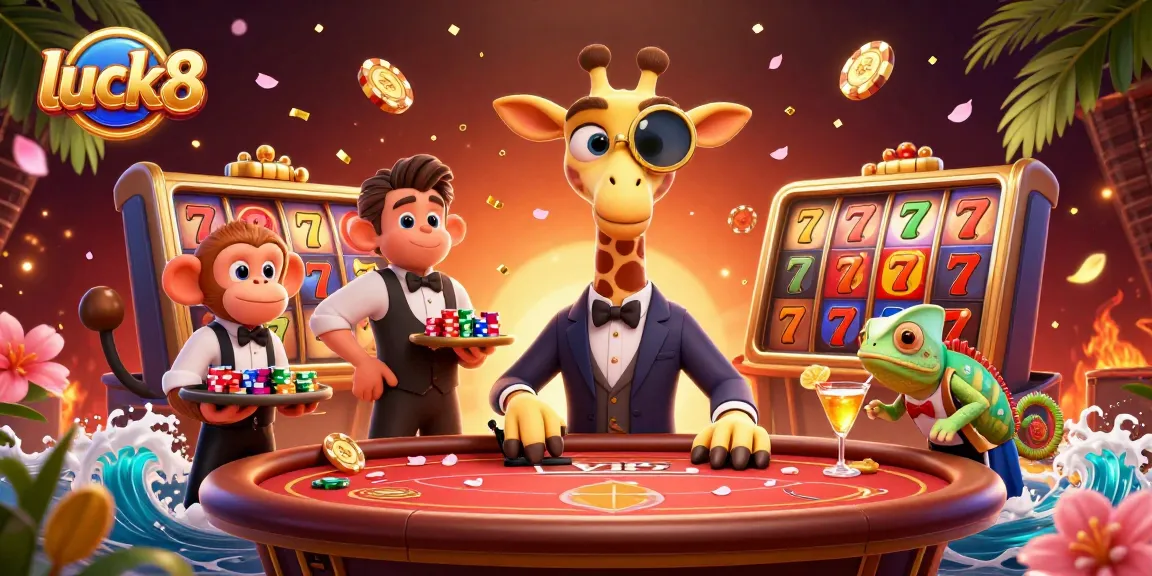 Experience luck8's vibrant casino scene featuring a high-roller giraffe, monkey valet, and chameleon bartender among dynamic slot elements