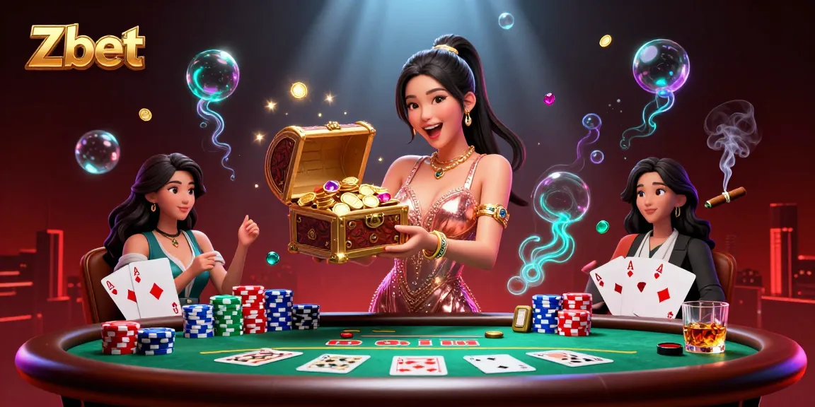 Zbet showcases an exciting treasure chest filled with coins and gems amidst dynamic poker action.