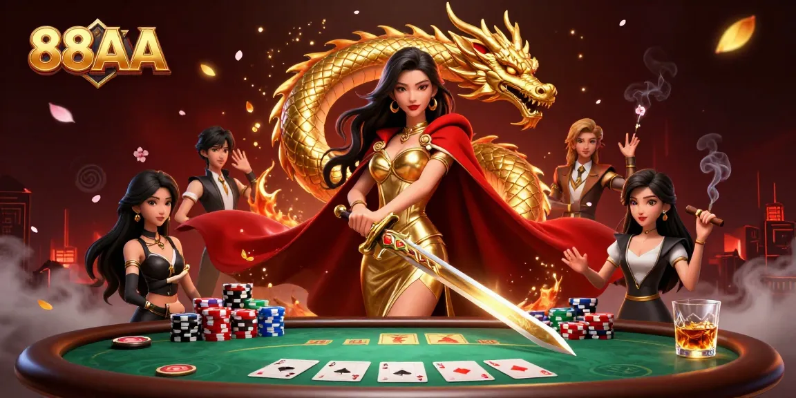 Experience exciting gaming at 88AA with a warrior queen, poker elements, and vibrant 3D effects.