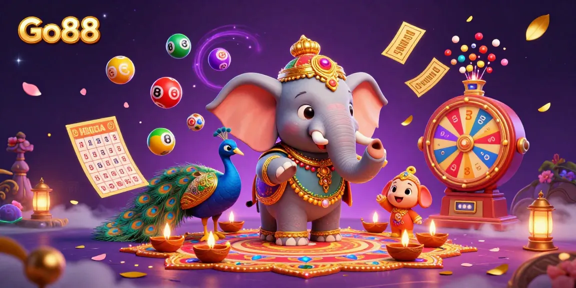Experience thrilling wins at Go88 with vibrant gaming elements, lively characters, and exciting lottery visuals.