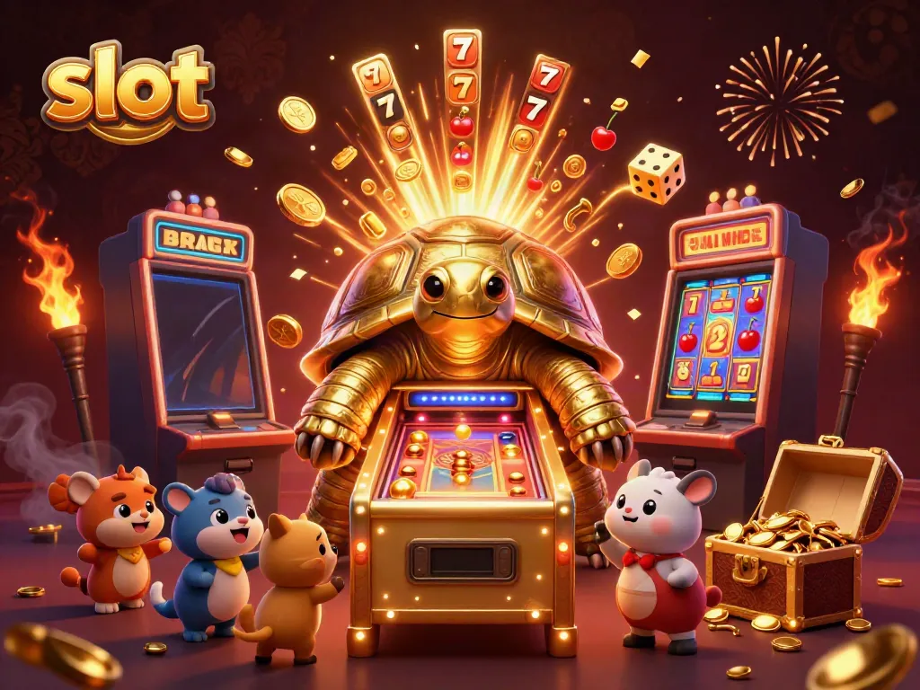 Slot jackpot dengan mesin slot dan karakter menarik dalam ilustrasi 3D yang menyenangkan.