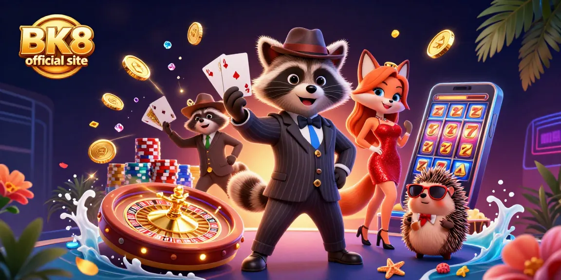 Bet on excitement at the BK8 official site with a raccoon and fox at a lively casino scene.