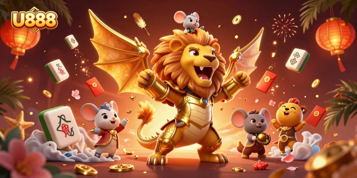 Engage in thrilling gameplay with U888, featuring an epic cartoon chimera and festive casino elements.