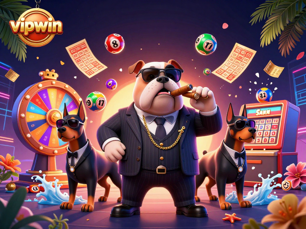 vipwin celebrates gaming excitement with a dynamic scene featuring a mafia bulldog and vibrant casino elements.