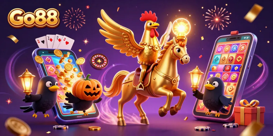 Experience thrilling gameplay at Go88 with a golden rooster and mystical casino elements.