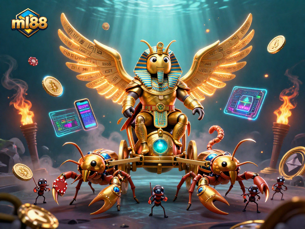 Experience exciting gameplay at ml88 featuring a golden scarab chariot racing through a rich casino landscape.