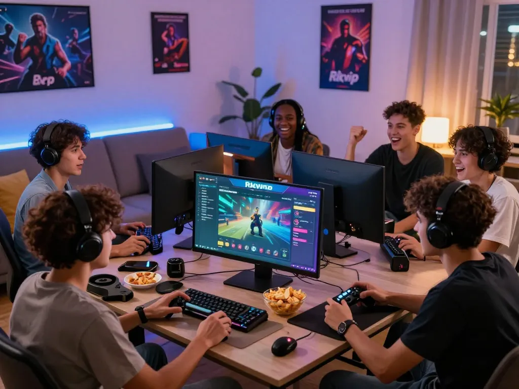 Excited friends enjoying Rikvip gaming on a computer with snacks, showcasing social gaming dynamics.