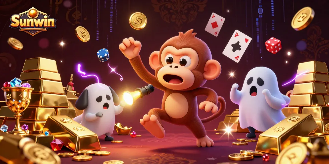 Sunwin showcases a playful scene with a ghost-hunting puppy and a magical monkey in a haunted casino