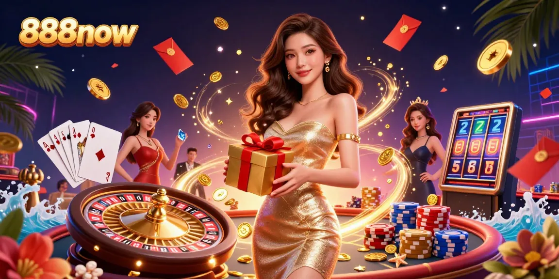 Win big at 888now with a stunning casino scene featuring games, golden coins, and festive decorations.