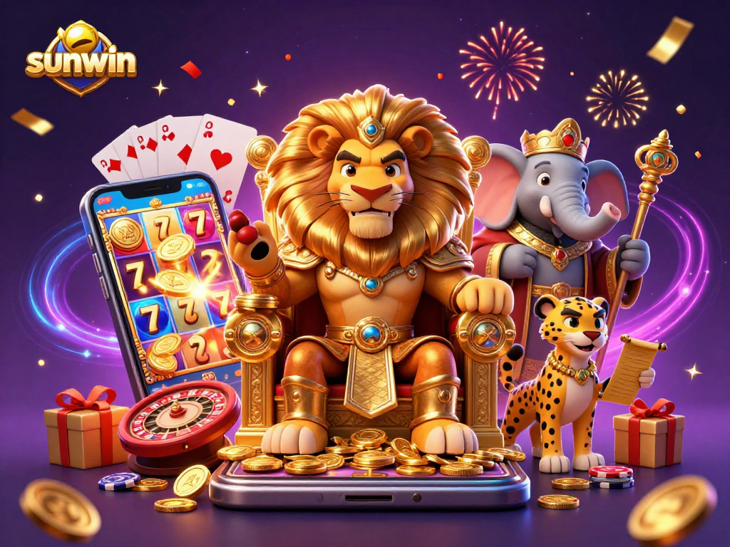 Sunwin Casino Scene: Lion King, Elephant, and Cheetah showcase exciting slots action.