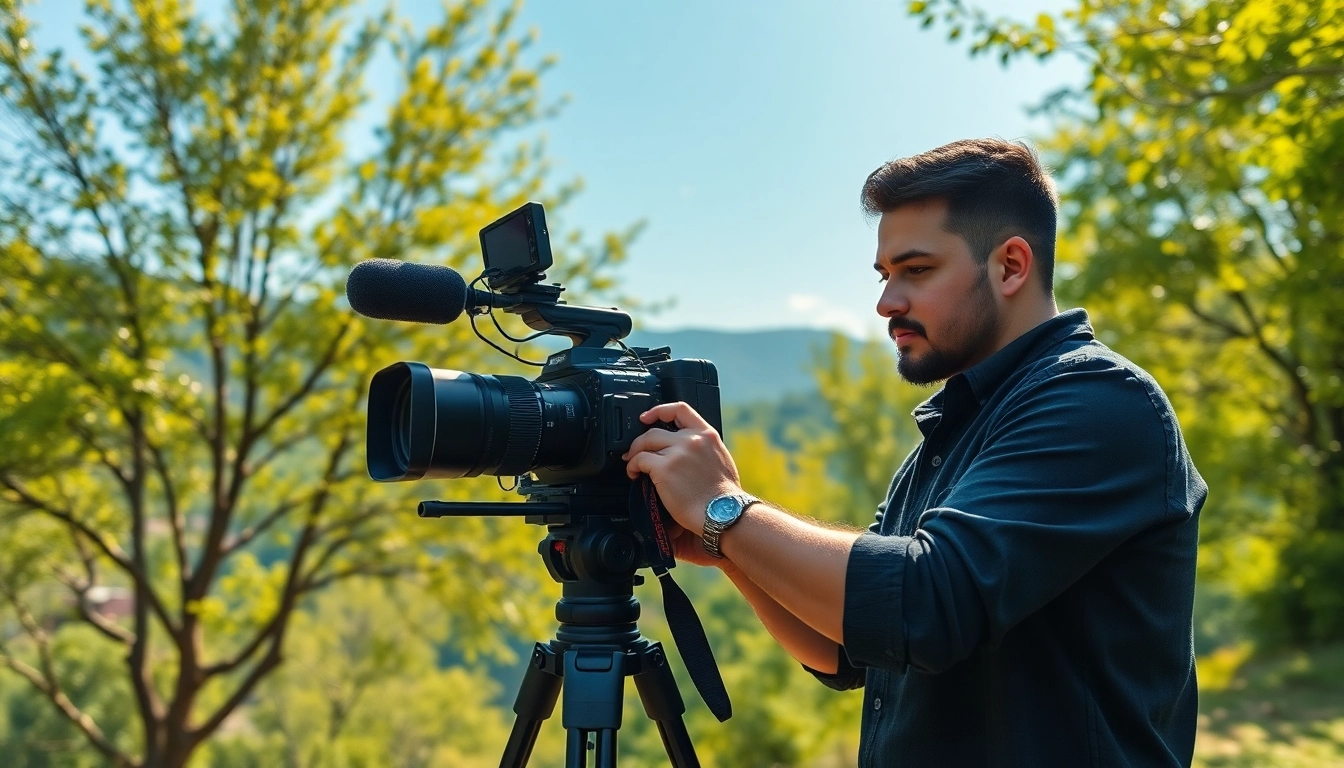 Vediography professional capturing a scenic landscape with bright, natural light.