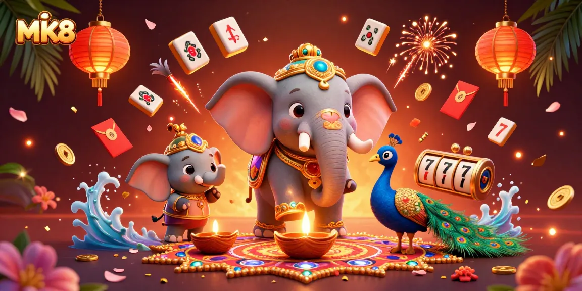 Play and win big with MK8 in this vibrant, festive casino illustration showcasing exciting gambling elements.