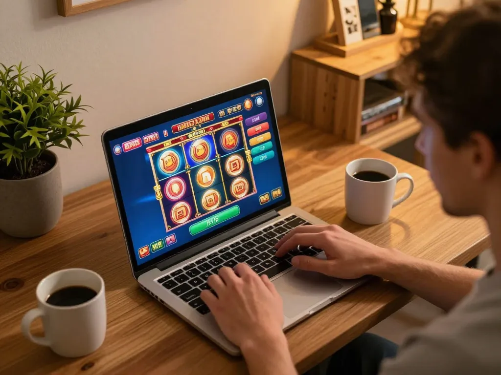 Player enjoying online casino slots at home with Jun88 on laptop, capturing a cozy environment.