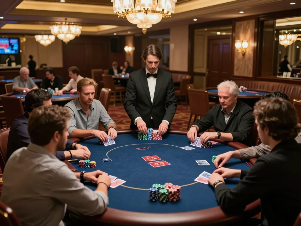 Bet168 players strategizing at a high-stakes poker game with colorful chips on the table.