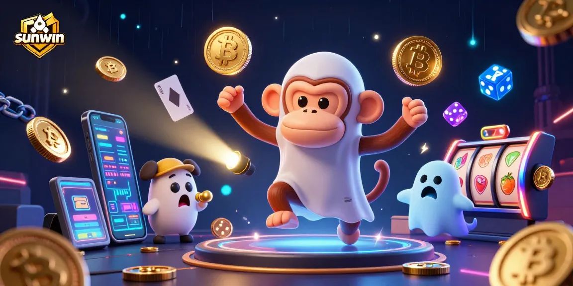 sunwin casino scene featuring a ghost-hunter puppy tracking a mischievous monkey juggler