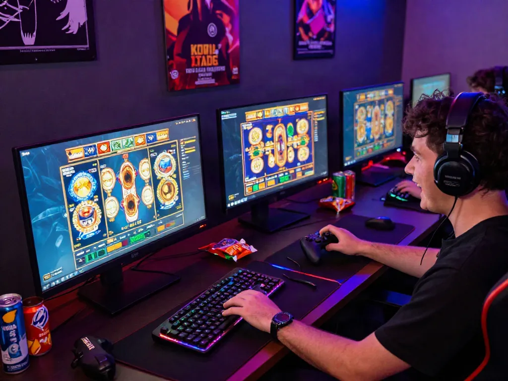 Engaged gamer exploring KOITOTO slot games on dynamic multi-monitor setup