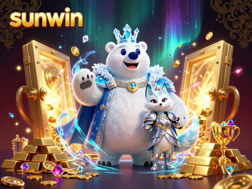 Experience the thrill of winning with sunwin in this vibrant 3D casino scene featuring a regal polar bear and a snow fox.