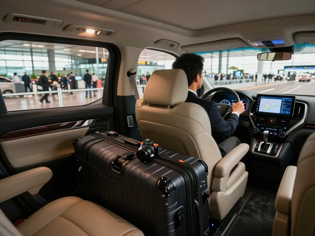 Airport transfers in a luxurious vehicle showcasing comfortable seating and professional driver in a busy airport setting.