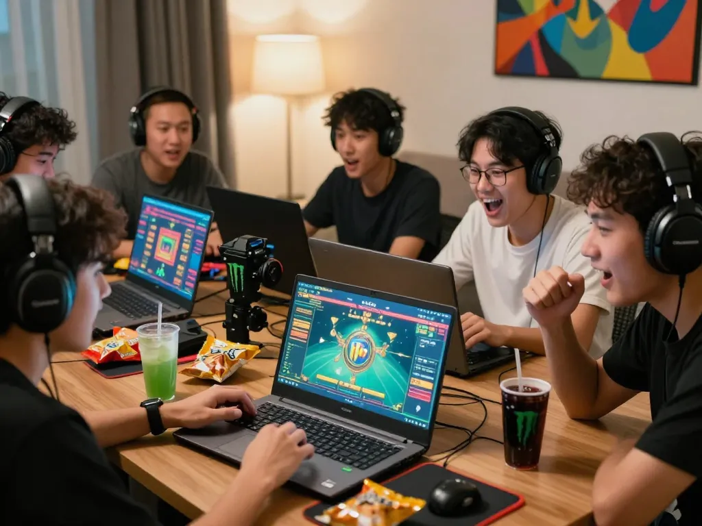 Friends enjoying a lively lô đề online gaming session in a cozy living room, showcasing excitement and camaraderie.