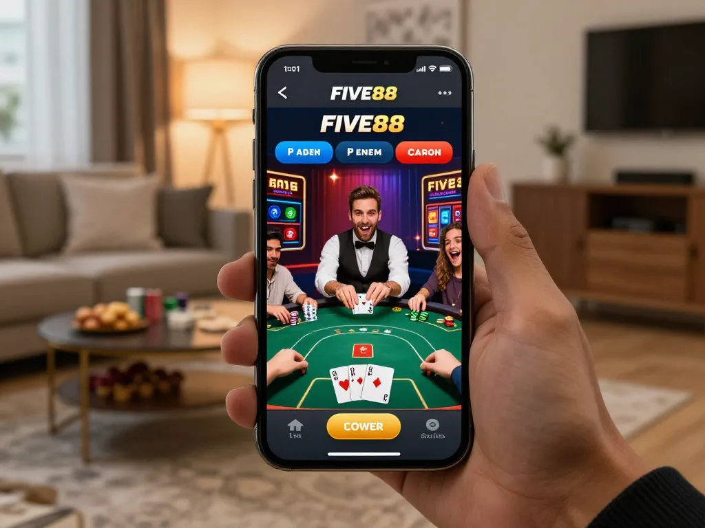 Engaged player using the FIVE88 casino app for live dealer games on mobile, showcasing dynamic gameplay.