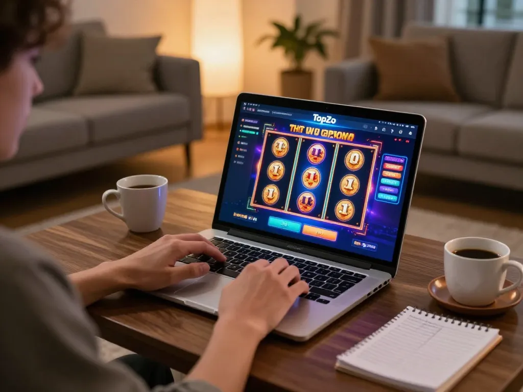 Player enjoying Topzo online gaming from a cozy living room with vibrant slot graphics on laptop.