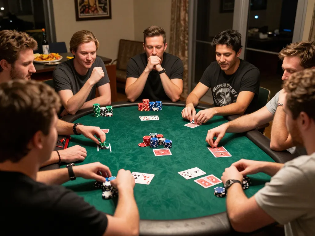 Players enjoying an exciting poker night at home with win68-themed cards and chips