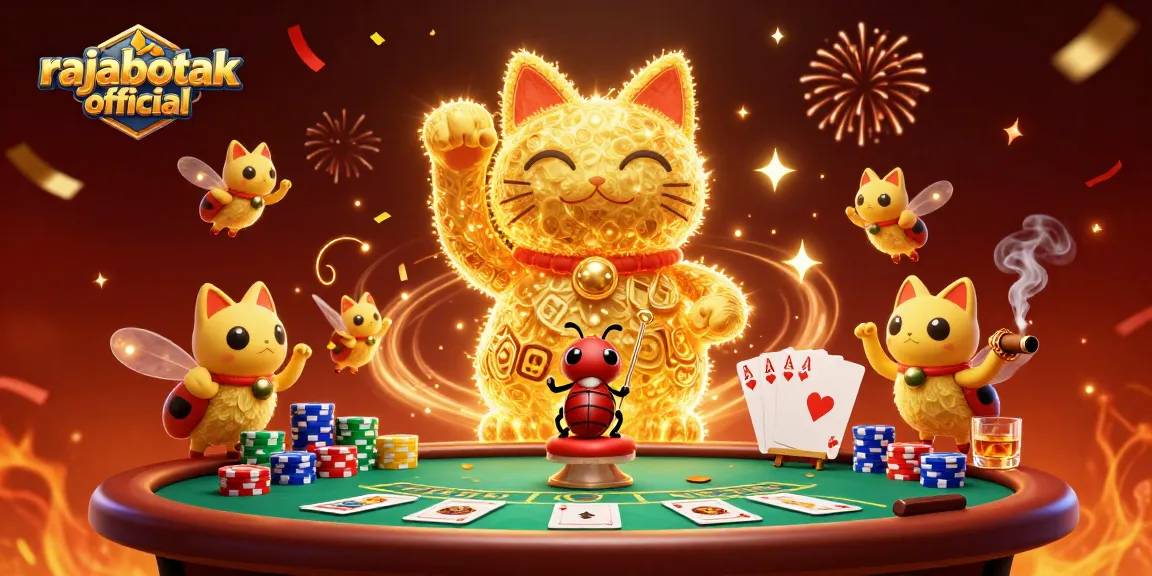 Experience vibrant wins at rajabotak official with a golden lucky cat and poker action.