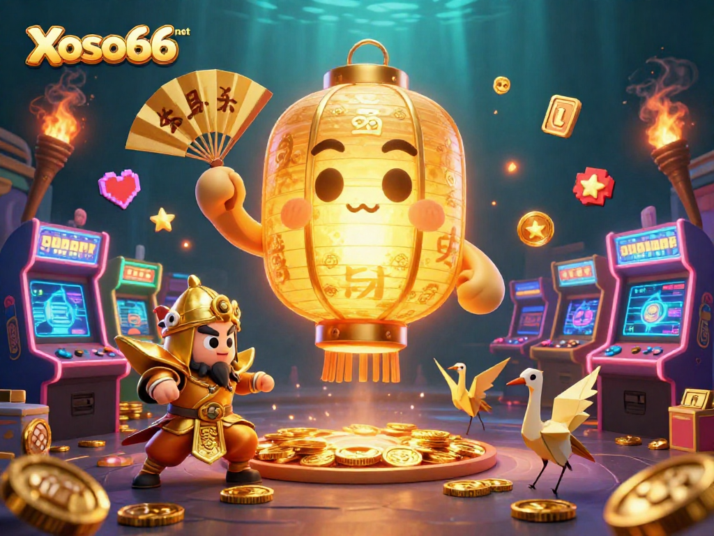 Experience the thrill of gaming at Xoso66 net with colorful arcade machines and golden lantern spirits.