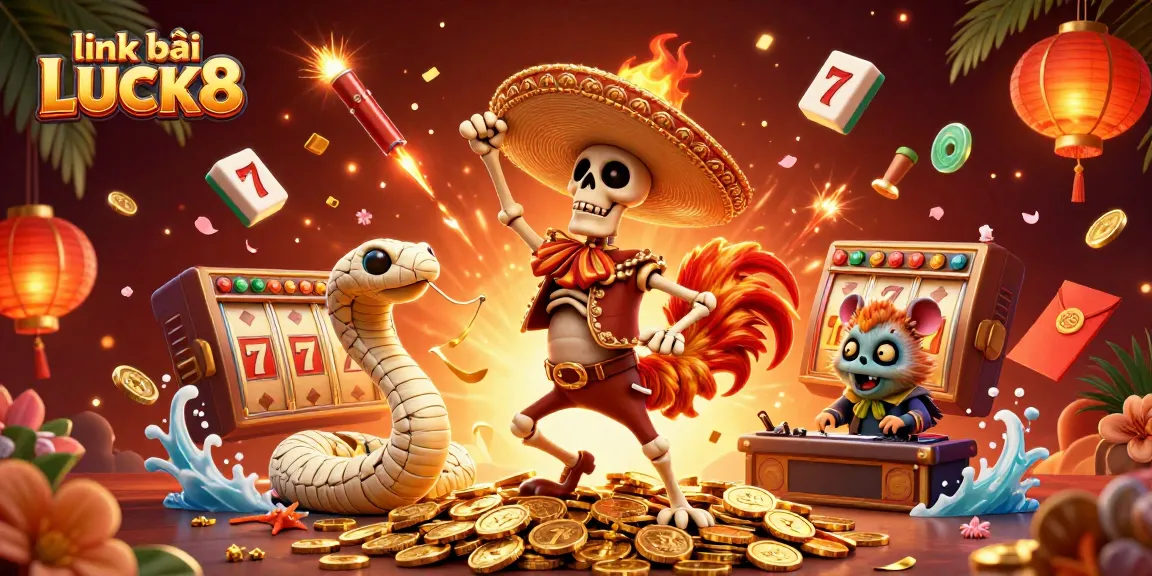 Celebrate wins with link vào LUCK8 as the mariachi rooster dances amidst slot reels and golden coins.