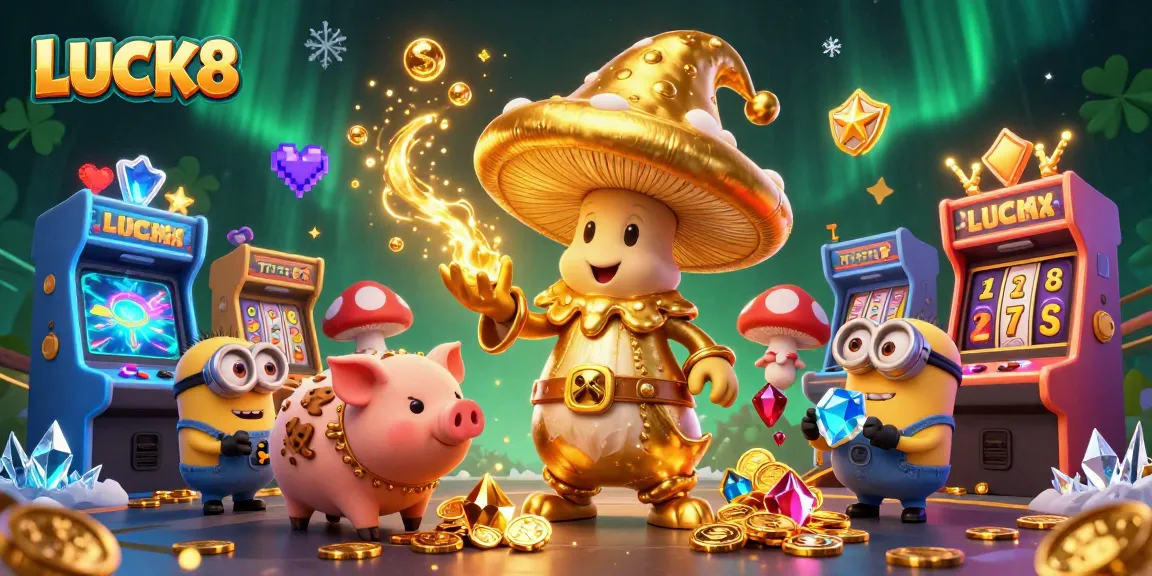 Experience the thrill of winning with LUCK8 in this vibrant casino-themed illustration.