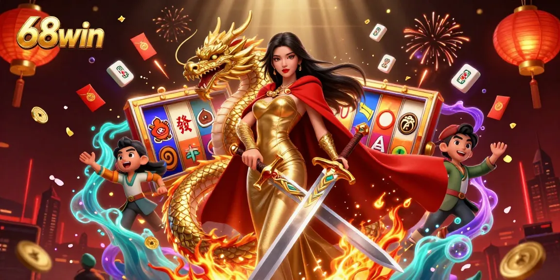 Experience excitement at 68win with a dynamic 3D casino scene showcasing games, colorful slots, and traditional elements.