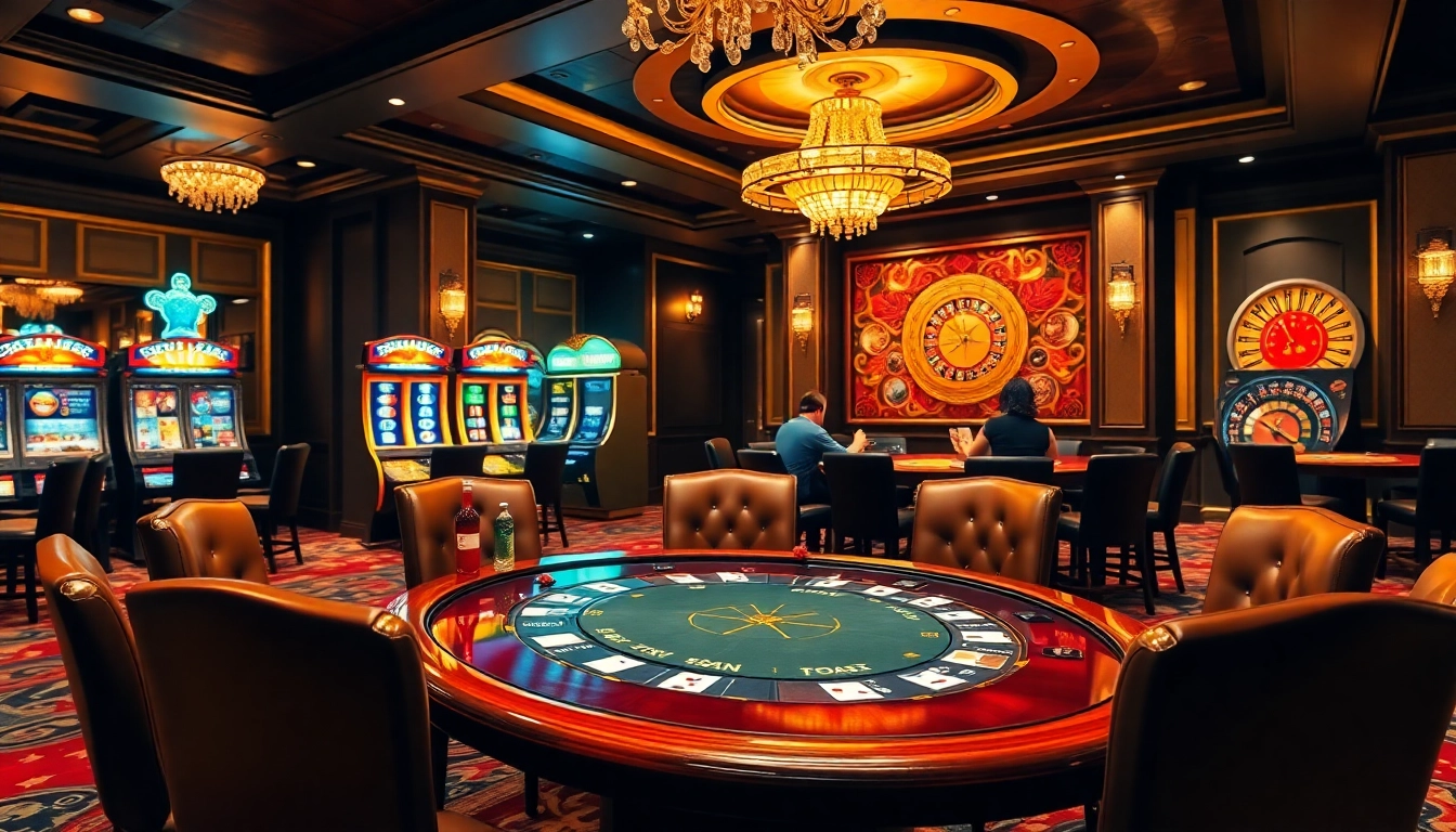 Experience the excitement of gambling at nhà cái DA88 with a luxurious casino scene featuring poker tables and vibrant slot machines.