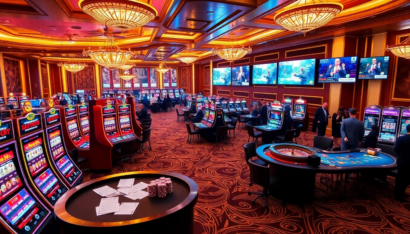 Exciting casino scene showcasing diverse games at rikvip.gb.net with vibrant slot machines and roulette.