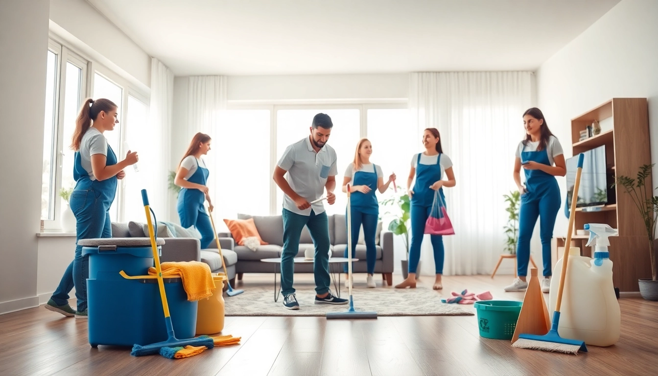 Efficient team providing cleaning services near me in a bright, modern home with organized supplies.