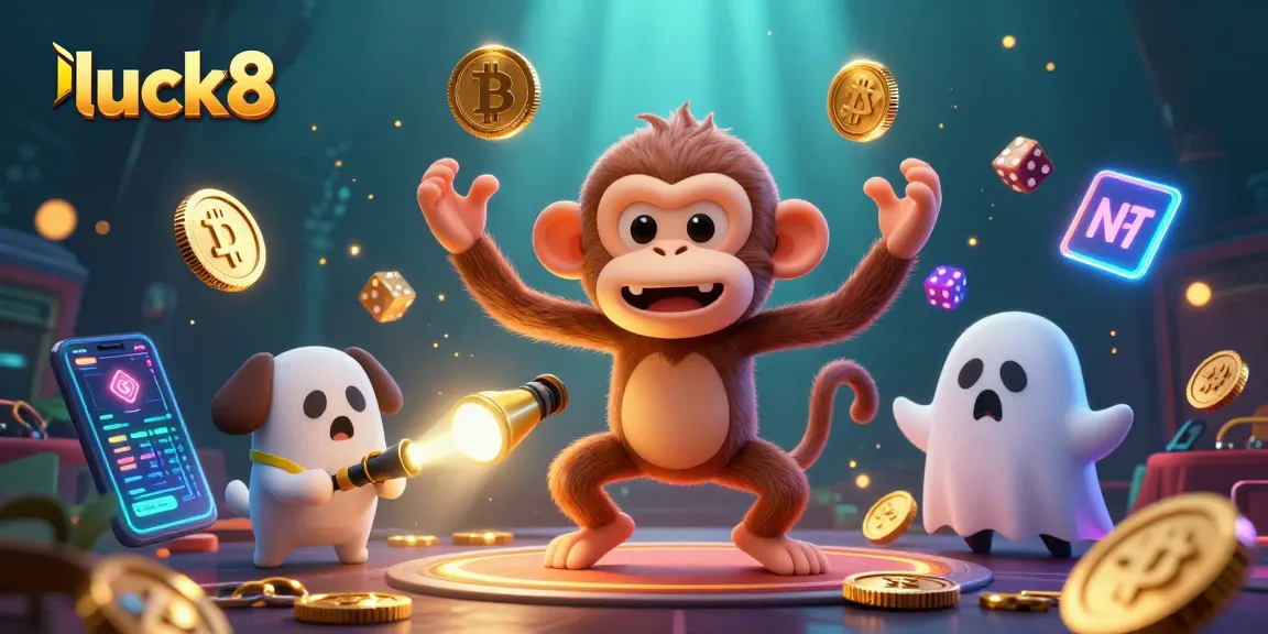 Experience the excitement of luck8 as a mischievous poltergeist monkey juggles coins and cards in a haunted casino.