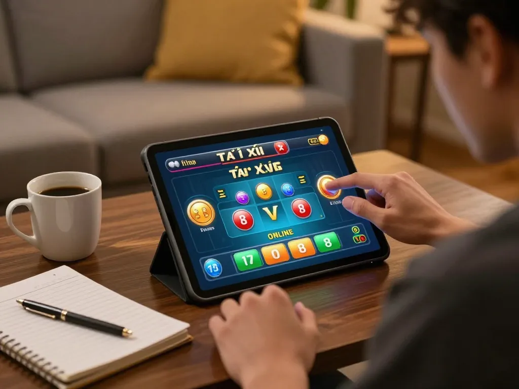Player engaging in tài xỉu online on a tablet, emphasizing strategic gameplay in a cozy home.