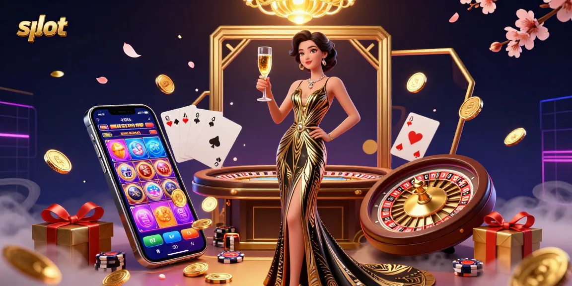 Experience thrilling slots action with vibrant 3D gaming elements including a slot machine and golden coins.