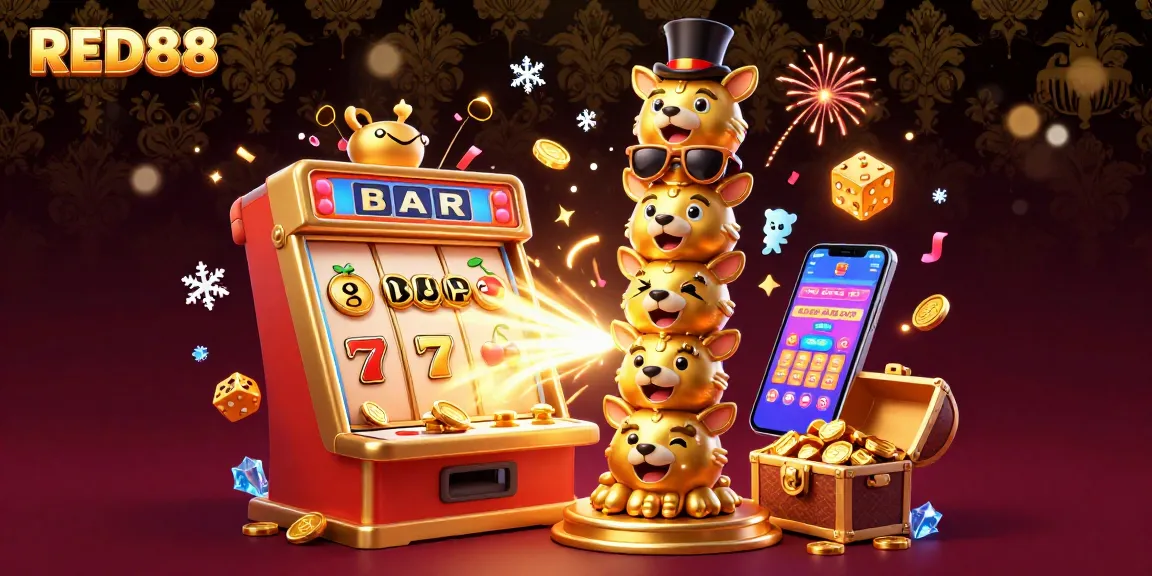 Experience winning at RED88 with a vibrant cartoon scene of a golden totem pole amidst dynamic casino game elements.