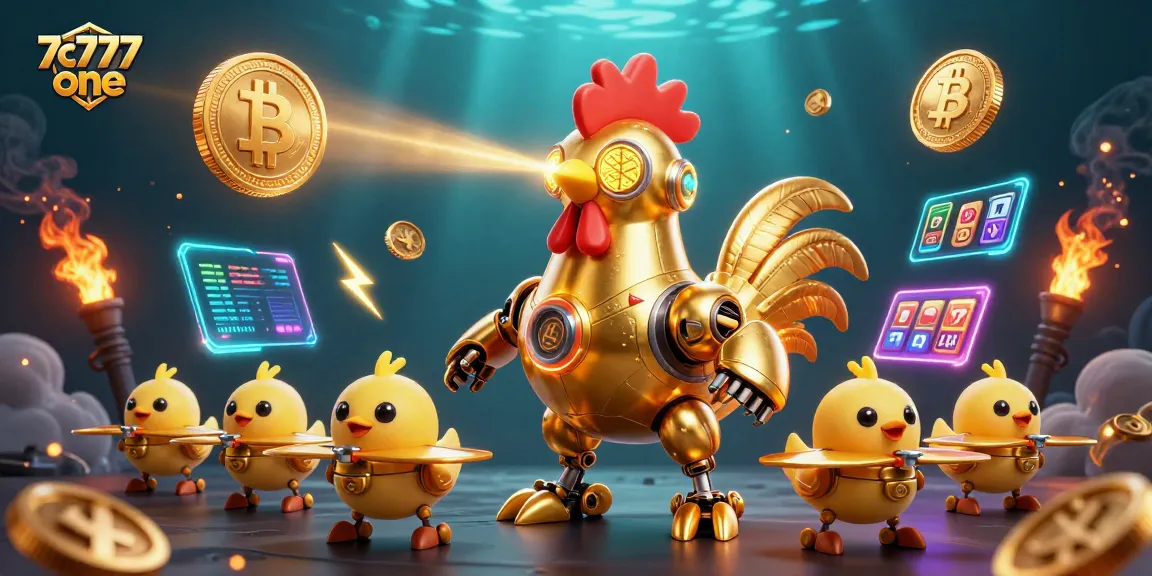 Engage with the 7c777 one casino, featuring vibrant 3D elements and a golden rooster robot.